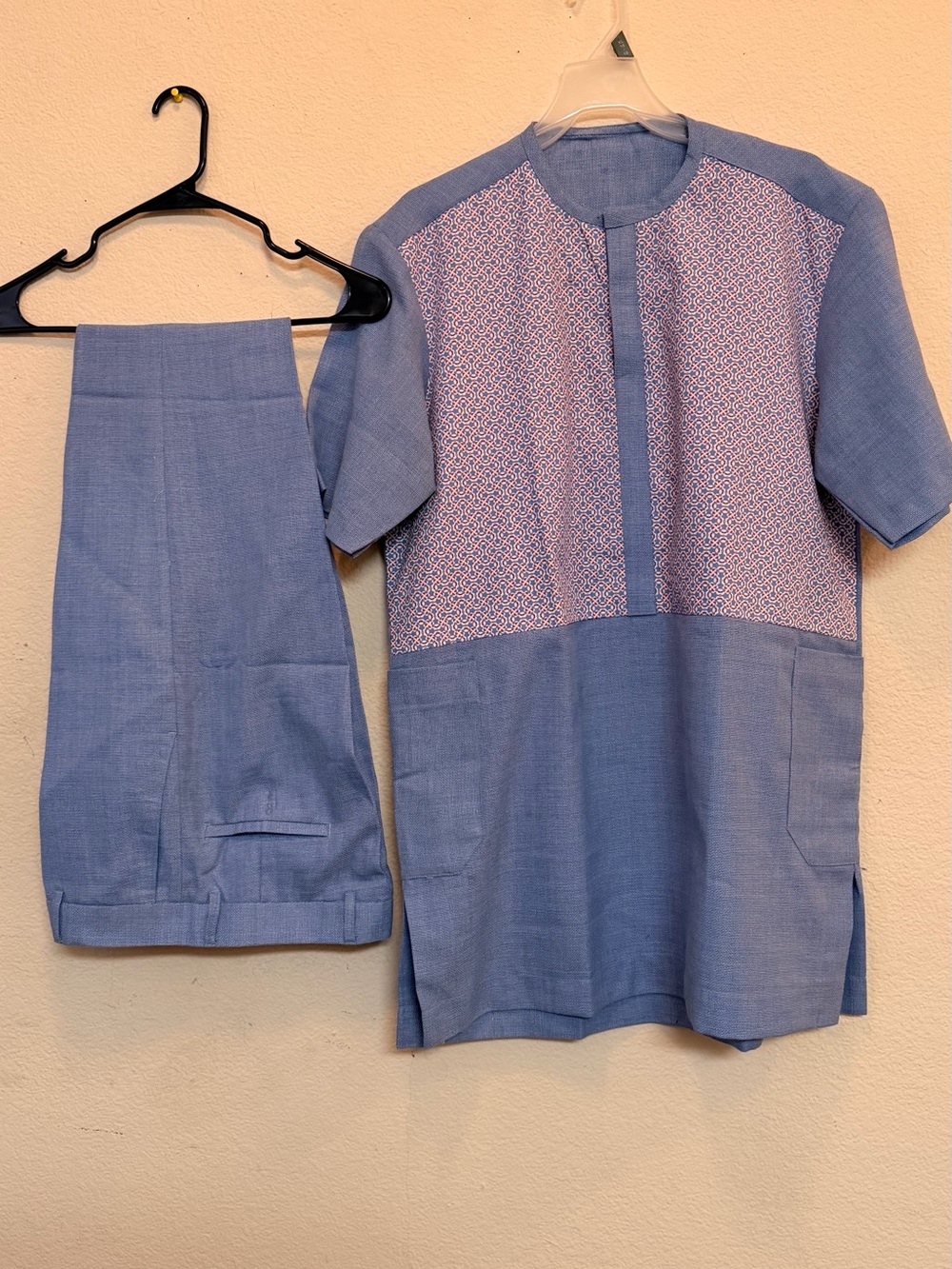 Light Blue Short-Sleeve Dashiki Shirt Set with Patterned Front Panel